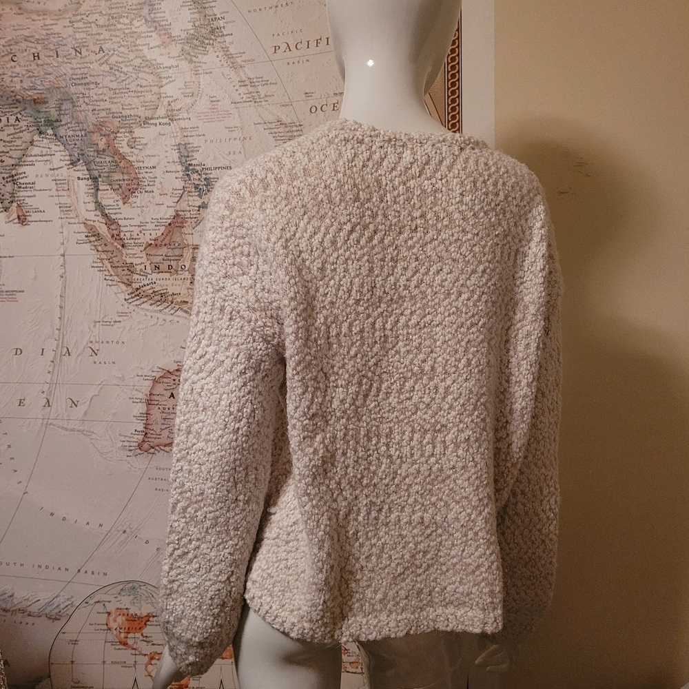 Yet Again ivory and tan loose knit chunky nubby crew neck sweater cozy beachy M - Picture 4 of 9